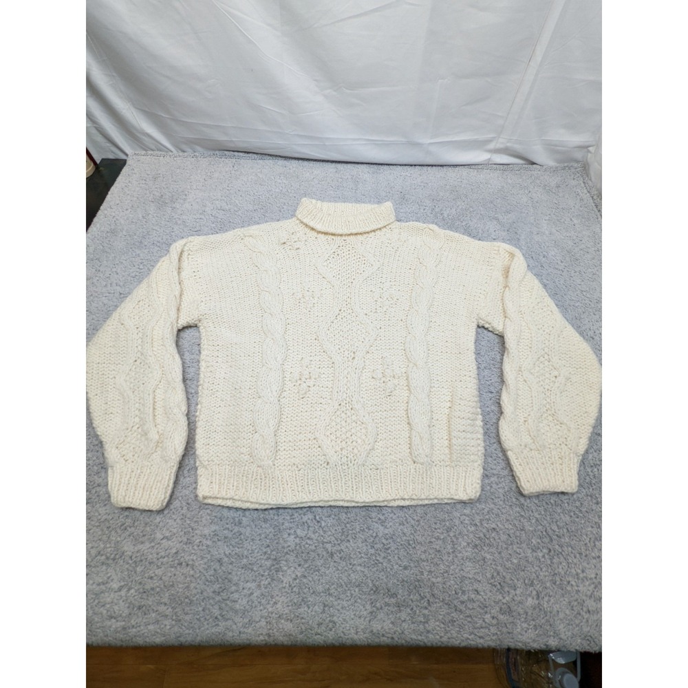 Vintage Wool Cable Knit Turtleneck Sweater Grazia‎ M Cream Chunky Italy Y2K Boho